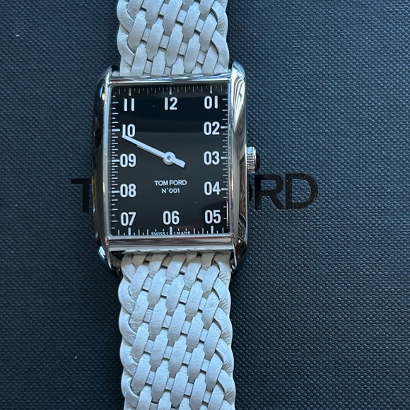 Tom Ford 001 Watch With 30mm x 44mm Black Face & White Braided Leather B…